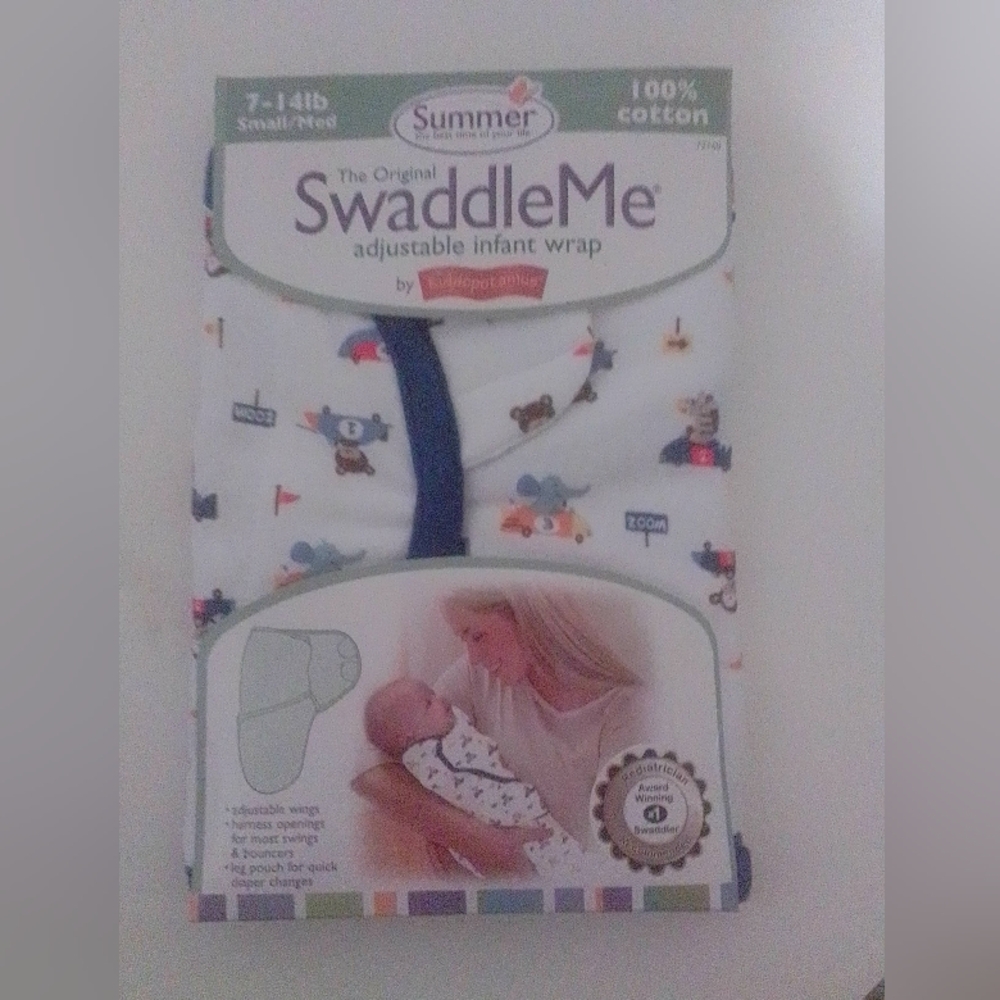 SwaddleMe Infant Wrap by Summer - White with Navy Trim and Multi Color Prints.